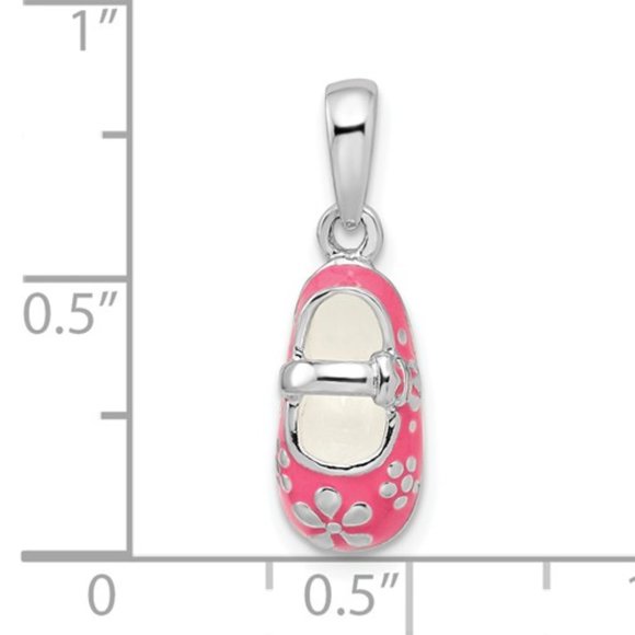 Sterling Silver Polished 3D Pink Enameled w/ Flowers Baby Shoe Charm Pendant - Picture 4 of 7